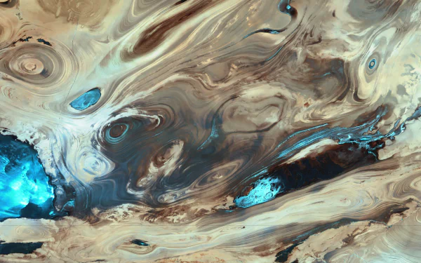 An abstract 4K Ultra HD wallpaper featuring swirling smoke patterns in earth tones with vibrant blue highlights, creating a dynamic and intriguing visual experience.