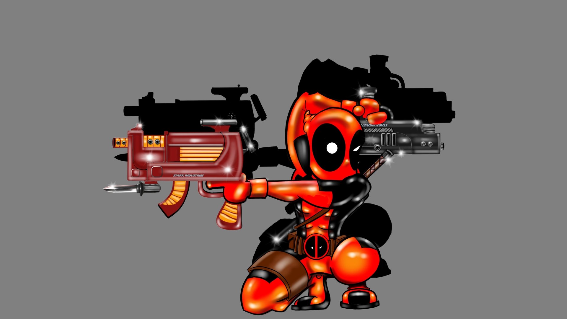 A vibrant, cartoon-style image of Deadpool wielding guns, set against a simple background. This 4K Ultra HD wallpaper captures the character's playful intensity.