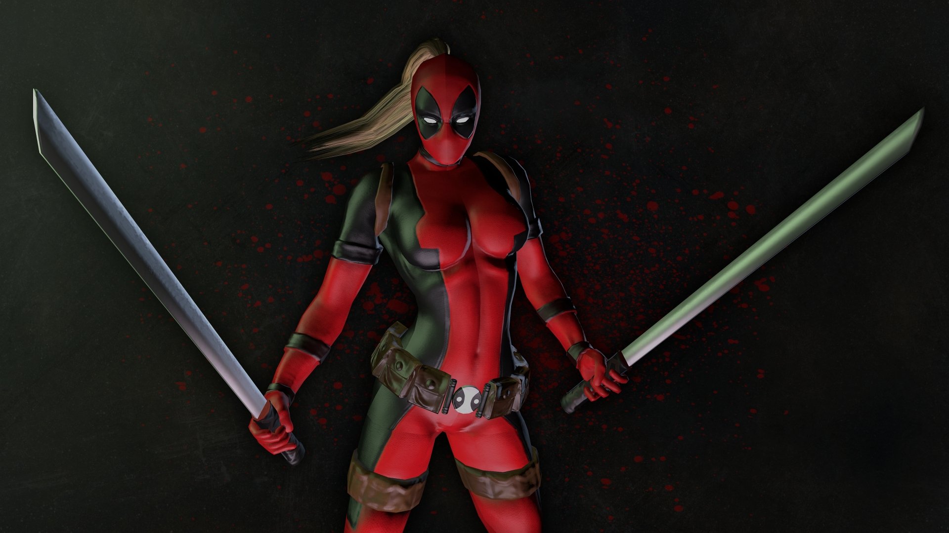 A vibrant HD wallpaper featuring a female version of Deadpool, poised with two swords against a dark background, embodying the dynamic and playful spirit of the comic character.