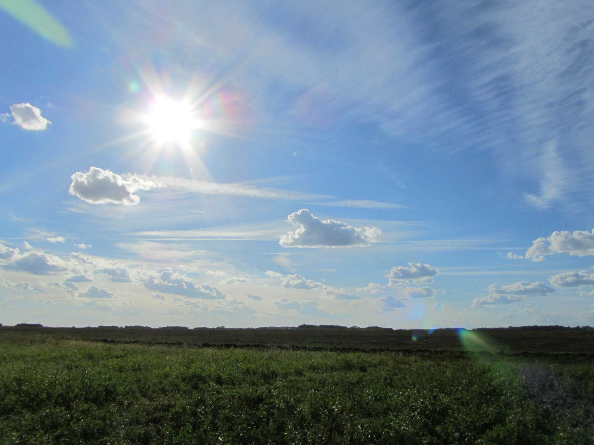 Bright sun shining over a green field under a blue sky with scattered clouds, captured in stunning 4K Ultra HD for a nature landscape desktop background.
