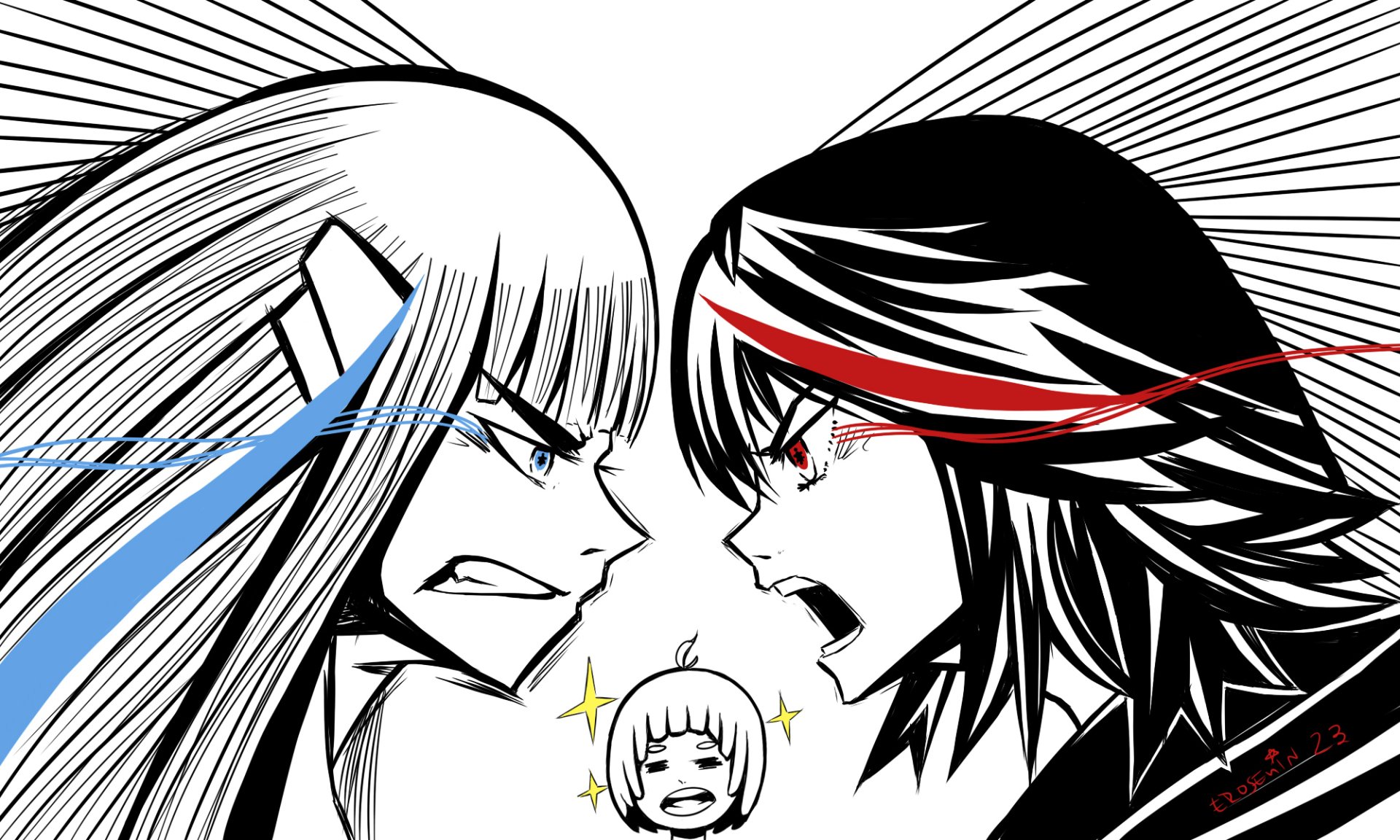 Black-and-white HD anime wallpaper featuring Mako Mankanshoku, Ryūko Matoi, and Satsuki Kiryūin from Kill La Kill in a fierce face-off with dynamic expressions.