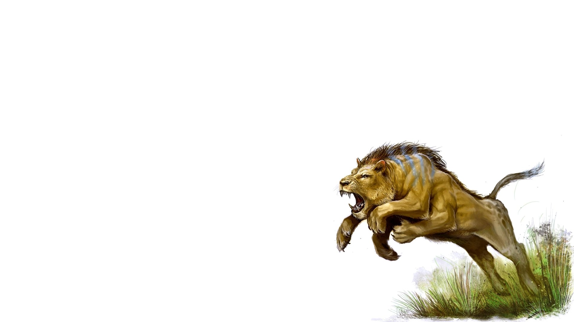 HD PC desktop wallpaper of a fantasy creature: a muscular lion-like beast with mane, fangs and claws leaping from a grassy tuft against a white background.
