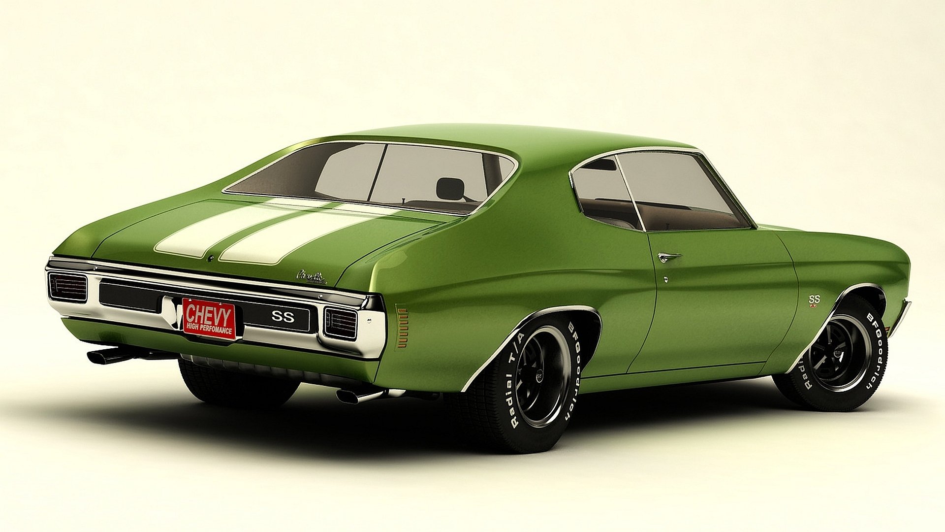 Green Chevrolet Chevelle SS with white racing stripes, shown in rear three-quarter view on a clean pale background — HD PC desktop wallpaper and background.