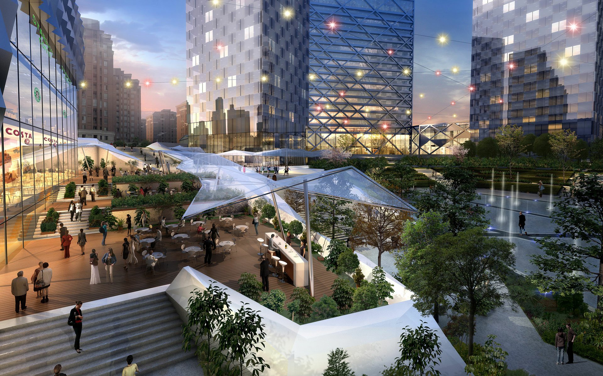 HD desktop wallpaper showcasing a vibrant man-made urban plaza in Changsha, illuminated by city lights and surrounded by modern high-rise buildings.