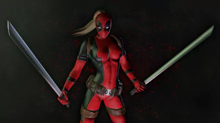 A vibrant HD wallpaper featuring a female version of Deadpool, poised with two swords against a dark background, embodying the dynamic and playful spirit of the comic character.