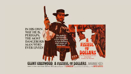 HD desktop wallpaper featuring Clint Eastwood in A Fistful of Dollars, with iconic movie title and tagline in vintage Western style.