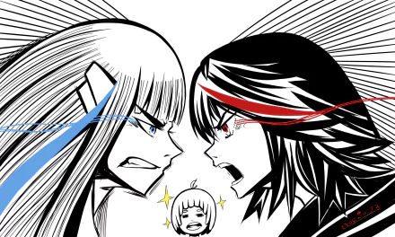 Black-and-white HD anime wallpaper featuring Mako Mankanshoku, Ryūko Matoi, and Satsuki Kiryūin from Kill La Kill in a fierce face-off with dynamic expressions.