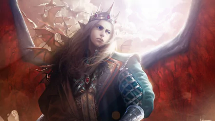 A striking HD wallpaper from the video game Legend Of The Cryptids, featuring a regal figure with wings and a crown, set against a dramatic, fiery background.