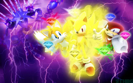 HD desktop wallpaper featuring Super Sonic, Knuckles the Echidna, and Miles Tails Prower from the video game Sonic Heroes, surrounded by Chaos Emeralds and electric effects.