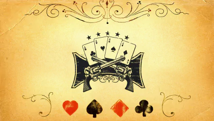 A vintage-style wallpaper featuring playing cards and crossed guns, adorned with decorative swirls and symbols of hearts, diamonds, spades, and clubs against a textured background.