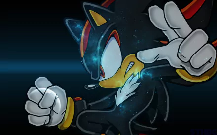 Dynamic HD wallpaper featuring Shadow the Hedgehog, showcasing his fierce expression and iconic pose, set against a sleek, dark backdrop with cosmic elements.
