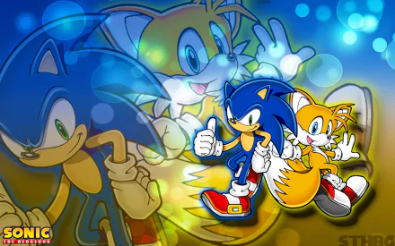 A vibrant HD wallpaper featuring Miles Tails Prower alongside Sonic the Hedgehog, capturing their dynamic friendship from the Sonic Advance video game series.