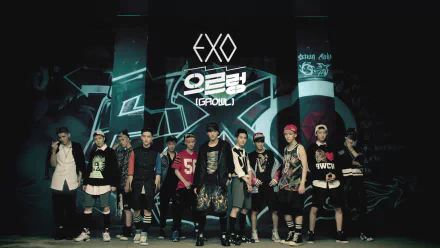 HD Desktop wallpaper of music group EXO standing in front of a graffitied wall, tagged with music and EXO with prominent text Growl in the background.