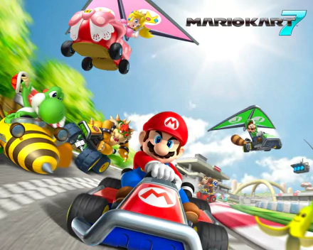 A vibrant HD wallpaper featuring Mario racing in Mario Kart 7, surrounded by iconic characters like Yoshi and Bowser, set against a colorful, dynamic racetrack background.