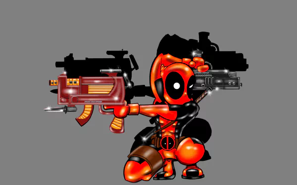 A vibrant, cartoon-style image of Deadpool wielding guns, set against a simple background. This 4K Ultra HD wallpaper captures the character's playful intensity.