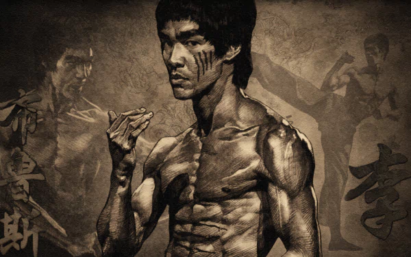 Sepia-toned HD wallpaper featuring Bruce Lee in a martial arts stance with Chinese characters in the background. Perfect desktop background for fans of the martial arts legend.