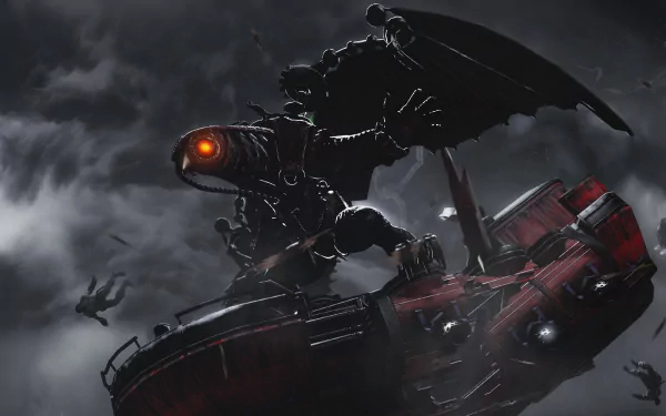 A dramatic HD wallpaper from Bioshock Infinite, featuring a powerful character perched on a red vessel amidst a stormy, chaotic backdrop.