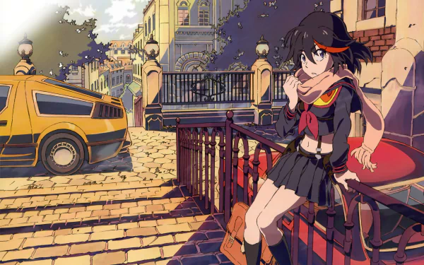 HD desktop wallpaper of Ryūko Matoi from the anime Kill La Kill, wearing a black skirt and leaning against a railing in a detailed city background with a yellow car.