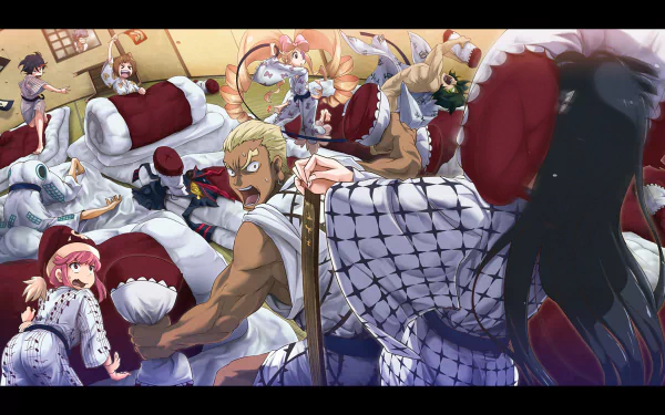 HD PC desktop wallpaper featuring characters from the anime Kill La Kill in a dynamic and colorful group scene.