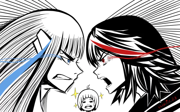 Black-and-white HD anime wallpaper featuring Mako Mankanshoku, Ryūko Matoi, and Satsuki Kiryūin from Kill La Kill in a fierce face-off with dynamic expressions.