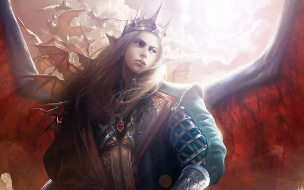 A striking HD wallpaper from the video game Legend Of The Cryptids, featuring a regal figure with wings and a crown, set against a dramatic, fiery background.