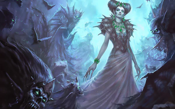 A dark, atmospheric HD wallpaper featuring a vampire figure shrouded in eerie mist, adorned with striking jewelry, surrounded by shadowy creatures and a ghostly landscape.