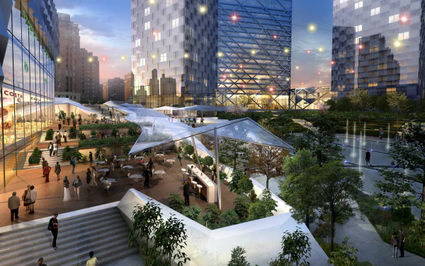 HD desktop wallpaper showcasing a vibrant man-made urban plaza in Changsha, illuminated by city lights and surrounded by modern high-rise buildings.