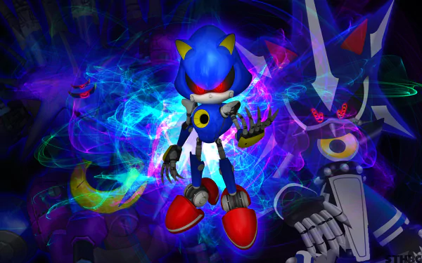 Metal Sonic stands prominently against a vibrant, swirling background of blue and purple energy, showcasing his sleek design from the video game Sonic Heroes in this HD PC wallpaper.