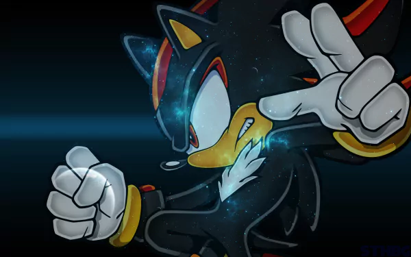 Dynamic HD wallpaper featuring Shadow the Hedgehog, showcasing his fierce expression and iconic pose, set against a sleek, dark backdrop with cosmic elements.