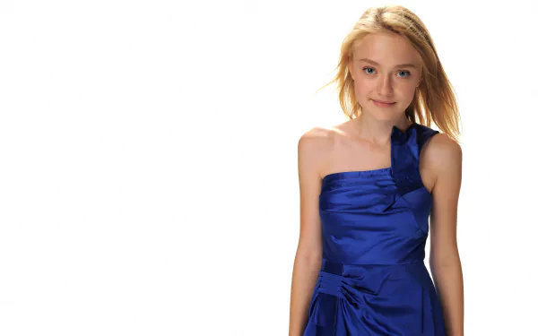 Dakota Fanning, an American actress and celebrity, poses confidently in a striking blue dress, captured in a vibrant 4K Ultra HD backdrop.