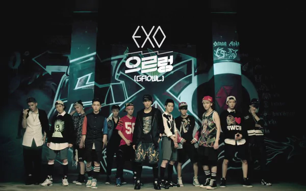 HD Desktop wallpaper of music group EXO standing in front of a graffitied wall, tagged with music and EXO with prominent text Growl in the background.