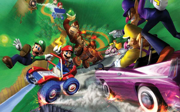 HD PC desktop wallpaper featuring Nintendo’s Mario Kart Double Dash characters, including Mario, Luigi, Donkey Kong, and Wario, in an intense racing action scene.