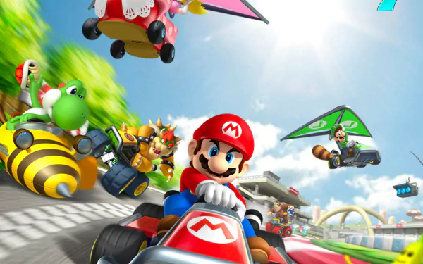 A vibrant HD wallpaper featuring Mario racing in Mario Kart 7, surrounded by iconic characters like Yoshi and Bowser, set against a colorful, dynamic racetrack background.