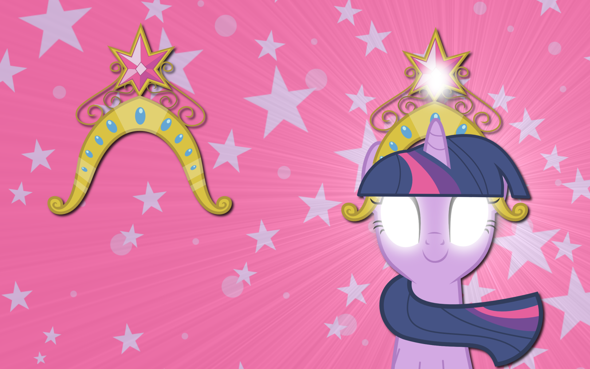 HD vector wallpaper featuring Twilight Sparkle from the TV show My Little Pony: Friendship Is Magic with a pink starry background and magical crown elements.