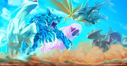 A vibrant HD wallpaper featuring Bijû from Naruto, showcasing a dynamic battle scene with various powerful beasts against a vivid blue sky and dramatic landscape.