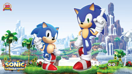 HD PC desktop wallpaper featuring classic and modern Sonic the Hedgehog characters from the video game Sonic Generations, set in a vibrant, detailed landscape.