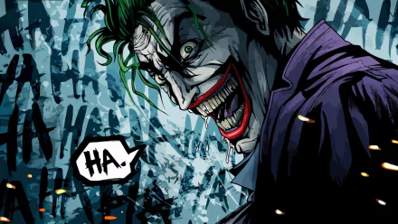 Comic-style depiction of the Joker with a wild grin and green hair, laughing with HA repeatedly in the background. This HD desktop wallpaper captures the dark, chaotic essence of the character.