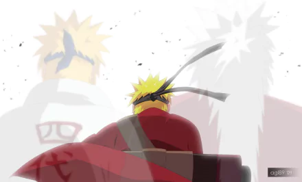 HD desktop wallpaper featuring anime characters Naruto Uzumaki, Minato Namikaze, and Jiraiya from Naruto. The image shows Naruto in the foreground, with faded images of Minato and Jiraiya in the background.