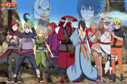 HD desktop wallpaper featuring characters from Naruto anime, including Obito Uchiha, Gaara, and other Jinchūriki, standing in a dynamic pose against a rocky background with a clear blue sky.