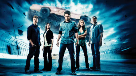 HD PC desktop wallpaper featuring the main cast of the movie The Final Destination with a dramatic overturned car in the background.