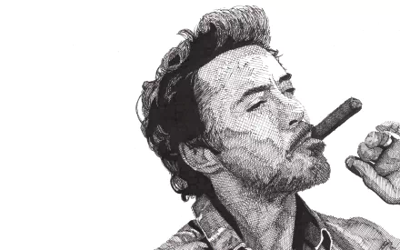Stylized black-and-white illustration of American actor Robert Downey Jr. smoking a cigar, designed as a high-definition desktop wallpaper and background.