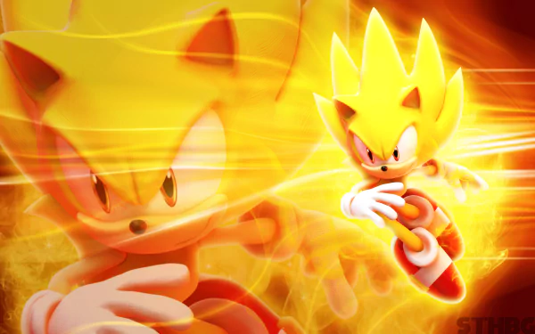 HD desktop wallpaper featuring Super Sonic from the Sonic the Hedgehog video game series, showcasing dynamic energy and vibrant colors.