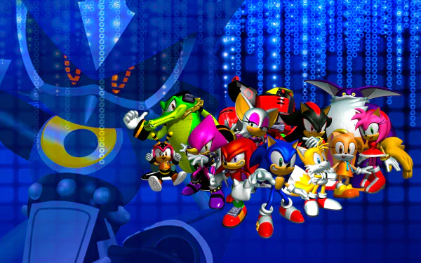 HD PC desktop wallpaper featuring Sonic the Hedgehog and his team from the video game Sonic Heroes, set against a digital blue matrix background.