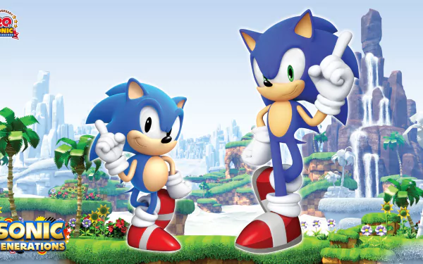 HD PC desktop wallpaper featuring classic and modern Sonic the Hedgehog characters from the video game Sonic Generations, set in a vibrant, detailed landscape.