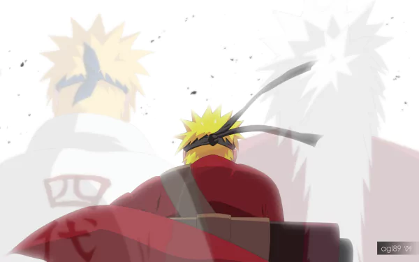 HD desktop wallpaper featuring anime characters Naruto Uzumaki, Minato Namikaze, and Jiraiya from Naruto. The image shows Naruto in the foreground, with faded images of Minato and Jiraiya in the background.