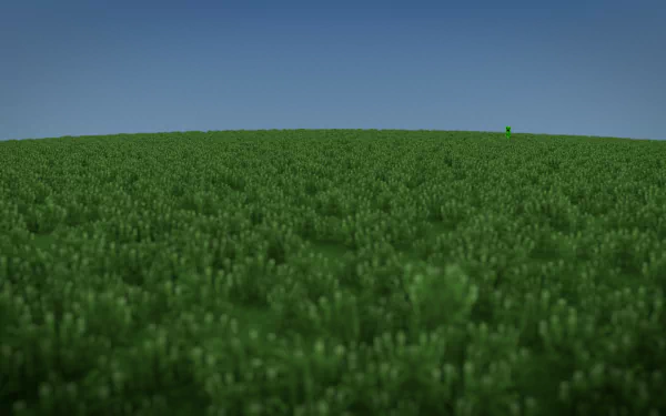 HD desktop wallpaper featuring a lush green field of pixelated grass from Minecraft. A Creeper stands in the distance against a clear blue sky, representing Mojang's popular video game.