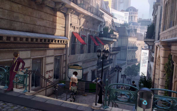 HD PC wallpaper featuring Nilin from the video game Remember Me, set in a detailed Montmartre district of Paris with narrow streets and classic architecture.