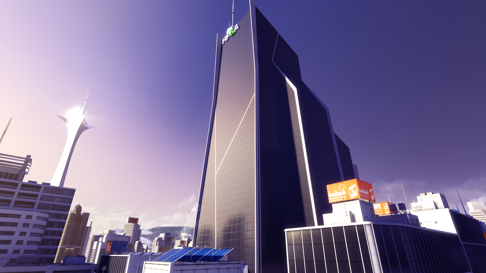 HD PC desktop wallpaper from the video game Mirror's Edge, featuring a stylized cityscape with a character climbing a tall, modern skyscraper at sunset.