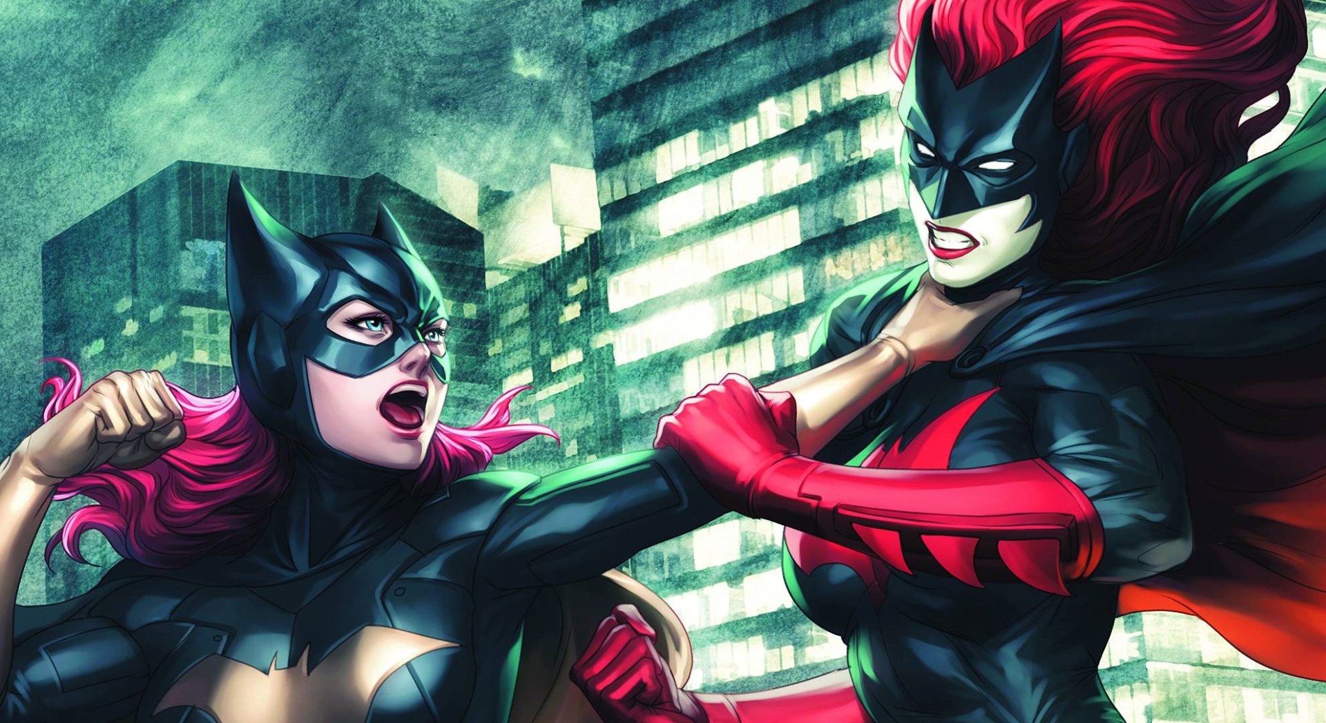 A vibrant comic-style HD wallpaper featuring Batgirl in an intense confrontation with another character against a city backdrop. Bold colors and dynamic poses capture the action.