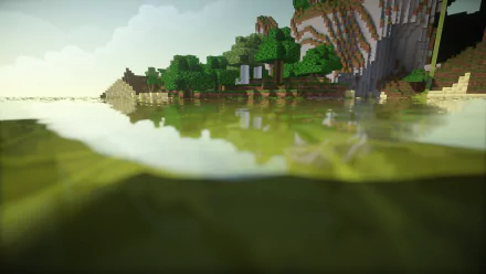 A serene Minecraft landscape featuring a tranquil lake, lush greenery, and a picturesque backdrop, captured in HD for an immersive gaming experience by Mojang.